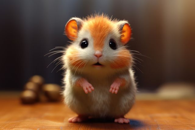 Cute hamster standing on a wooden surface appearing curious. Ideal for use in pet care content, children's educational materials, greeting cards, or social media posts promoting adorability and the curiosity of small pets.