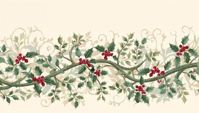 Twining holly vine with red berries on warm cream for festive border, wallpaper, pattern
