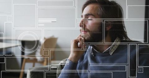 Man in deep thought surrounded by digital interface icons