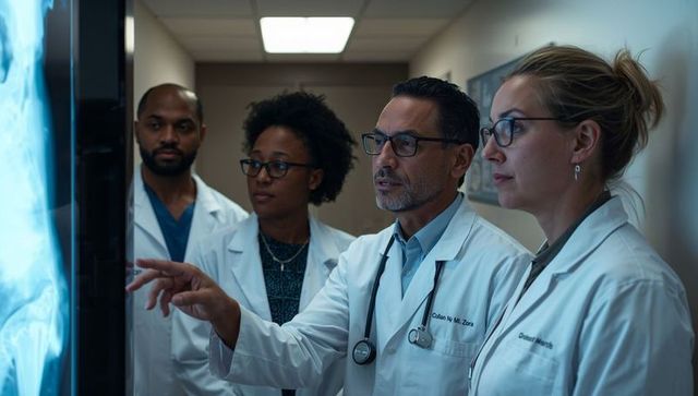 Multidisciplinary medical team reviewing x-ray on lit monitor in hospital corridor