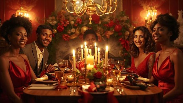 Elegant group enjoying luxurious dinner in warm candlelit setting
