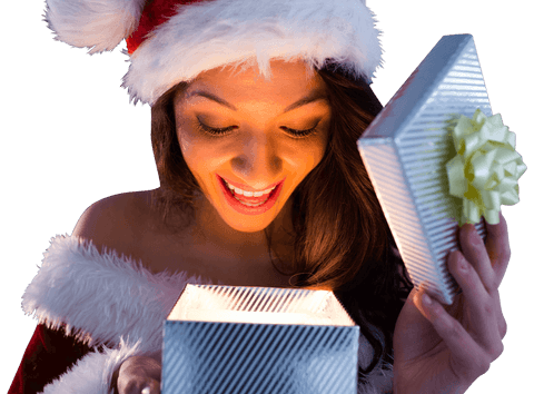 Excited woman opening christmas gift transparent background