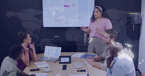 Team Collaborating in Boardroom, Woman Presenting Global Data Visuals on Screen