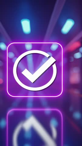 Animating Neon Checkmark Confirming Verification in Futuristic Corridor Vertical Video