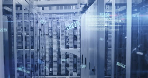 Futuristic Data Center with Digital HUD Overlay