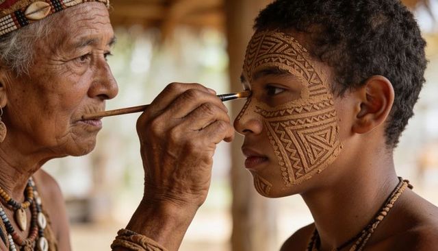 Elder applying clay face paint on teen for tribal ceremony with geometric ritual patterns