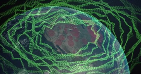 Futuristic Earth with Green Binary Streams and Red Hotspot Markers