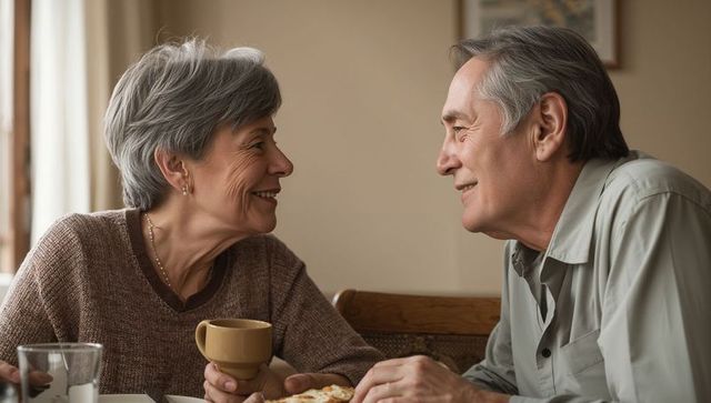 Smiling senior couple sharing morning coffee and pastry at cozy table, enjoying conversation