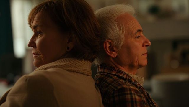 Senior couple leaning back-to-back on couch showing quiet companionship and reflection