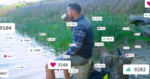 Man Relaxing Lakeside with Increase in Social Media Engagement Symbols