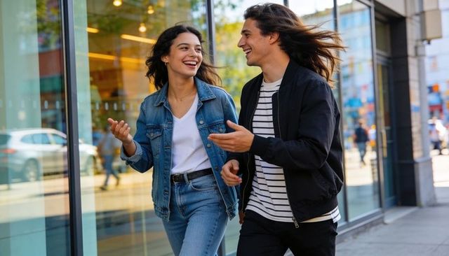 Young couple walking and laughing on city sidewalk with glass storefront reflections
