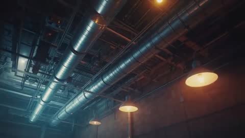 Industrial Ductwork and Ambient Lighting in Workshop Ceiling View