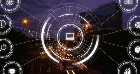 Futuristic digital interface overlay with cityscape illumination