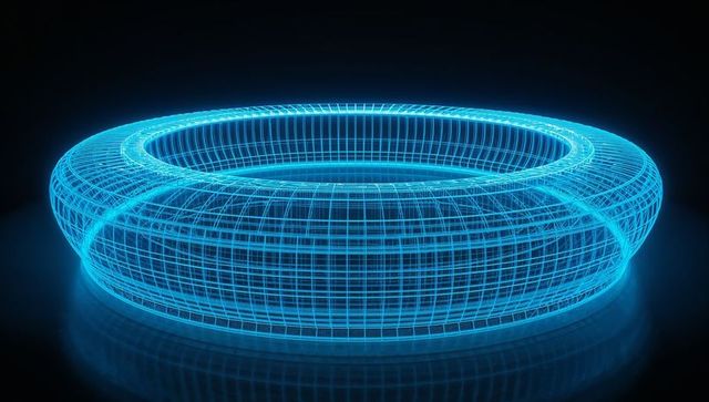 Glowing cyan wireframe torus hovering over reflective floor, futuristic holographic ring