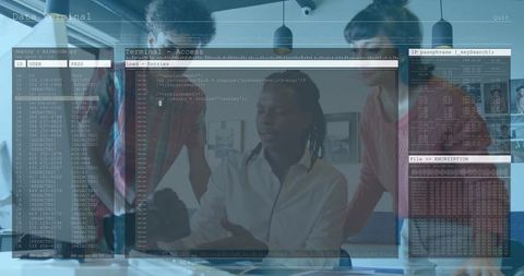 Engineer explaining code to team with transparent terminal overlay in modern office