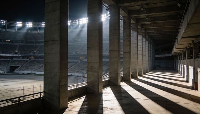 Stadium concourse at night with dramatic concrete columns and long angled shadows