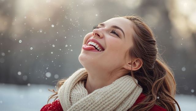 Young woman laughing and catching snowflakes with tongue in cozy winter scene