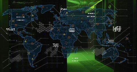 Neon-Blue Holographic World Map Projecting Network Flows Over Data Center Servers