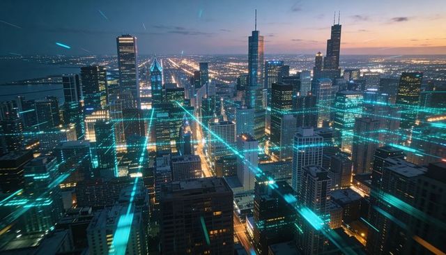 Futuristic downtown skyline at dusk glowing with teal digital grid and light trails