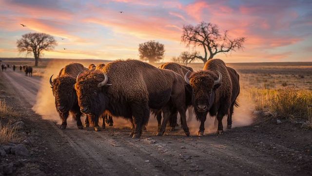 Moving American bison herd kicking up dust on prairie dirt road during golden hour sunset
