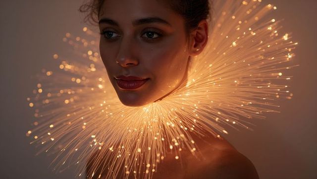 Model gazing with glowing fiber-optic collar creating ethereal halo and golden bokeh