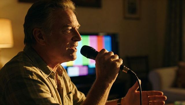 Singing senior man holding wired microphone in cozy living room with colorful tv bars