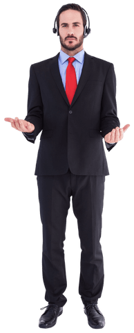 Transparent businessman with headphones holding open hands