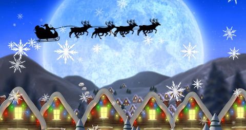 Santa's Sleigh Flying Over Snowy Village on Christmas Eve - Download Free Stock Images Pikwizard.com