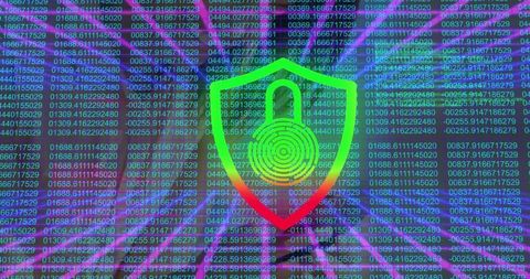 Futuristic Cybersecurity Concept with Shield and Padlock Fingerprint