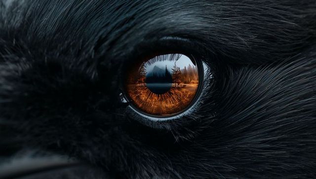 Bird eye reflecting serene meadow and lake in close-up