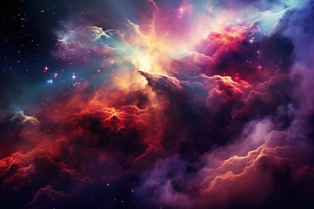 Captivating scene of a vibrant nebula in deep space featuring colorful cosmic clouds and distant stars. Ideal for use in astronomy content, educational materials, sci-fi artwork, and background visuals for space-themed designs.