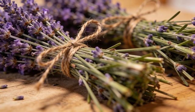 Rustic dried lavender bundles lying on wooden tabletop tied with coarse twine