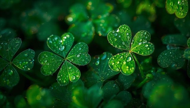 Dew-Covered Clover Macro with Heart-Shaped Leaflets and Lush Green Bokeh Background