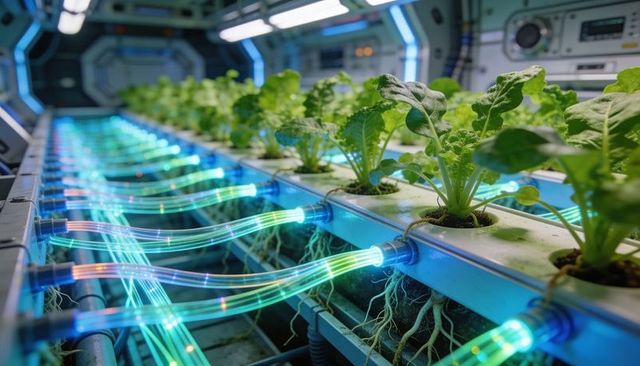 Hydroponic leafy greens growing in futuristic lab with glowing nutrient tubes and led lighting
