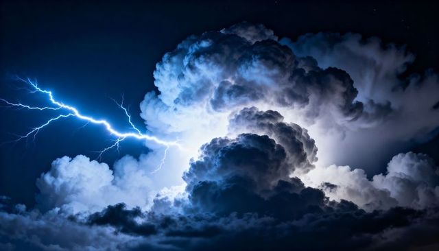 Electric Cumulonimbus Nightscape with Forked Lightning Bolt and Luminous Storm Core