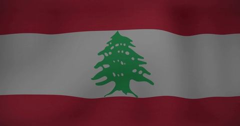 Waving lebanese flag with green cedar emblem on white band and red stripes, fabric folds