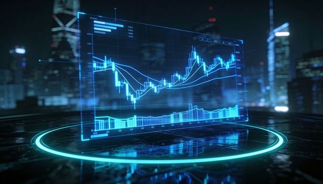 Holographic trading chart displaying candlesticks, trend lines and volume above neon ring