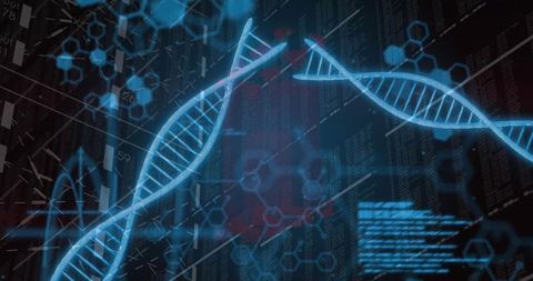 Holographic DNA Double Helix Visualization with Neon Genome Data Overlay and Analytics