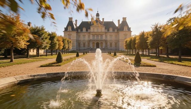 Spraying fountain leading to neoclassical chateau, symmetrical topiary promenade in autumn light