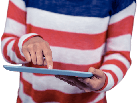 Transparent View Person Holding Tablet with Striped Sweater