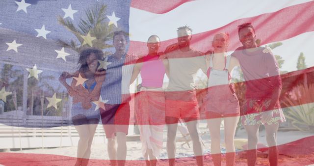 Diverse Group of Friends Celebrating on Beach with American Flag Overlay - Download Free Stock Images Pikwizard.com