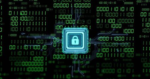 Neon blue padlock microchip securing binary data with glowing traces and network signals