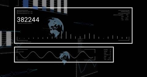 Futuristic data dashboard displaying analytics counter 382244, global waveform visualization