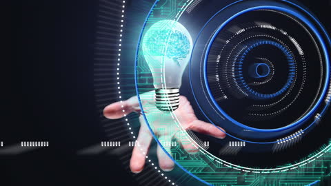 Innovation Concept: Hand Reaching Bulb with Digital Circuits