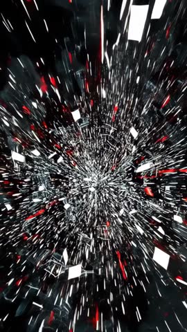 Vertical vortex of black white red shards accelerating outward, immersive abstract motion loop