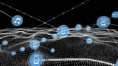 Digital Network with Icon Over Binary Code Mesh Background