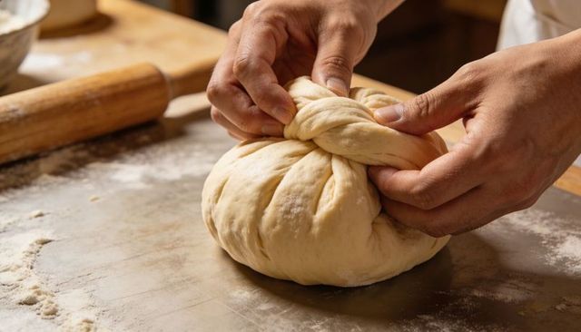 Hands shaping twisted dough ball on floured countertop for artisan bread baking
