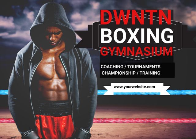 This image features a focused boxer dressed in a hoodie at the Downtown Boxing Gymnasium. Ideal for promoting fitness, sports programs, gym memberships, sports events, and training regimes. Great for web banners, posters, or promotional materials for fitness centers.