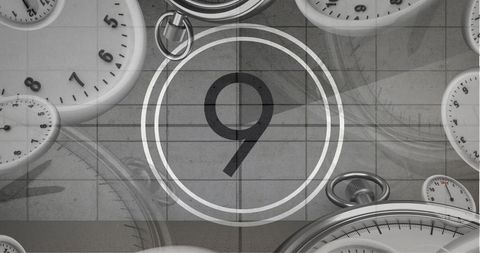 Vintage Countdown Number Nine with Clocks in Black and White - Download Free Stock Images Pikwizard.com
