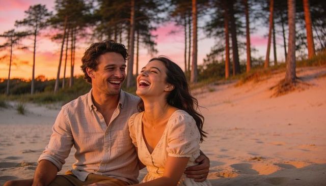 Sunset laughter: romantic couple sharing joy on sandy dunes with pine trees at golden hour